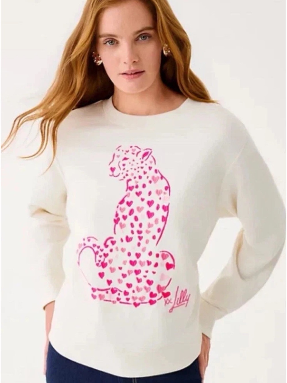 Lilly Pulitzer Ballad Sweatshirt Leopard Print Cat Embroidery Pink Heart New xl